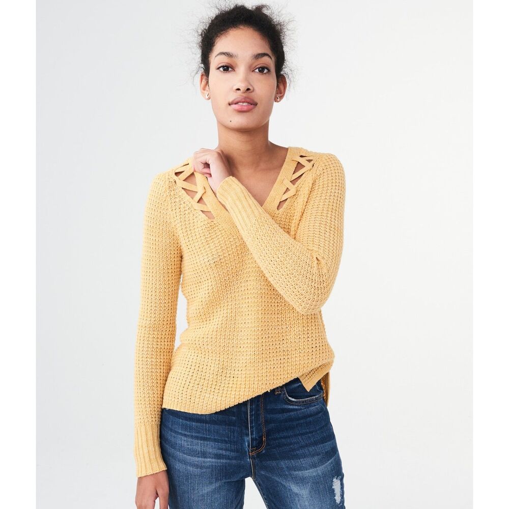 Aeropostale Shimmer Cutout V-Neck Sweater Yellow Long Sleeve Lightweight  Med